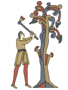 This illustration is actually showing someone pollarding, which is similar to coppicing except the stool is left about 5 - 6 foot high. 