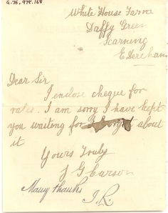 Rear of 1917 receipt: ‘Dear Sir, I enclose a cheque for rates, I am sorry I have kept you waiting for I forgot about it’